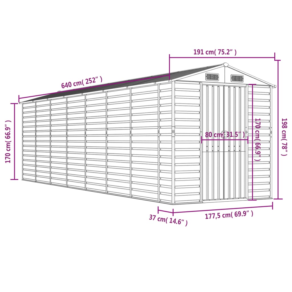 vidaXL Garden Shed Light Grey 191x640x198 cm Galvanised Steel