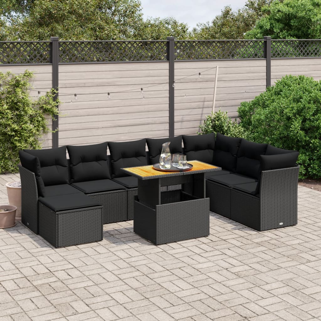 vidaXL 9 Piece Garden Sofa Set with Cushions Black Poly Rattan