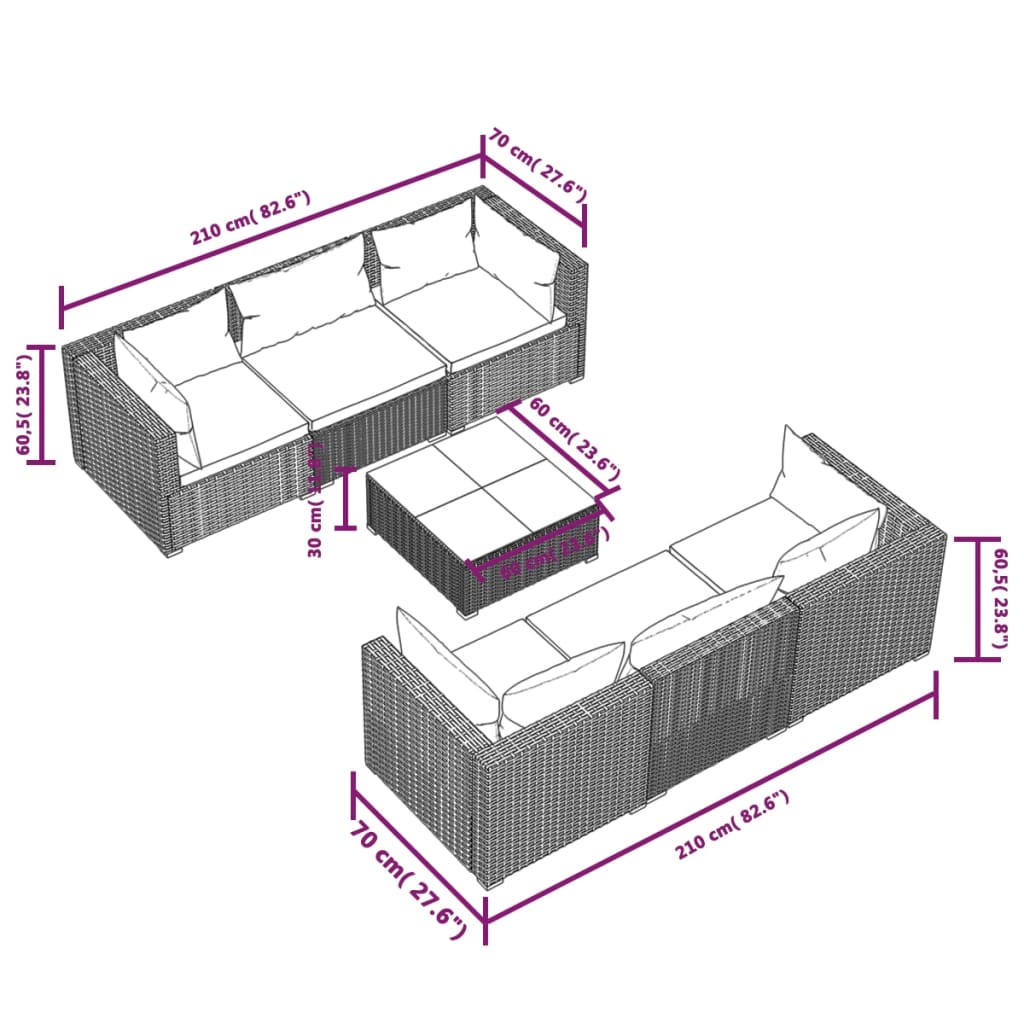 vidaXL 7 Piece Garden Lounge Set with Cushions Poly Rattan Black