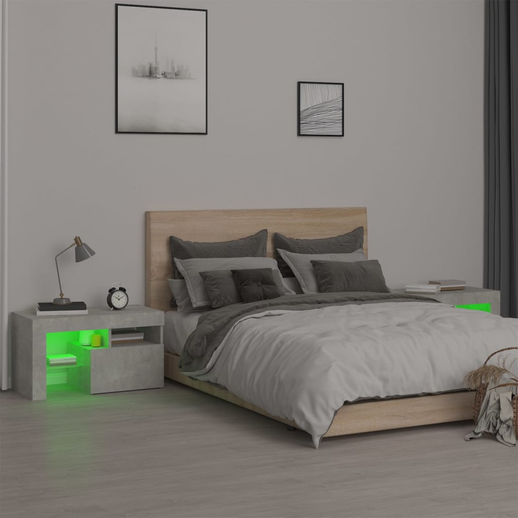 vidaXL Bedside Cabinets 2 pcs with LED Lights Concrete Grey 70x36.5x40 cm