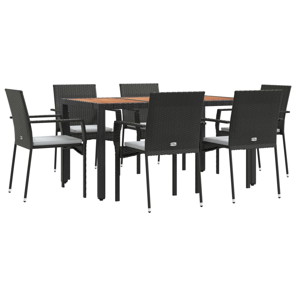 vidaXL 7 Piece Garden Dining Set with Cushions Black Poly Rattan