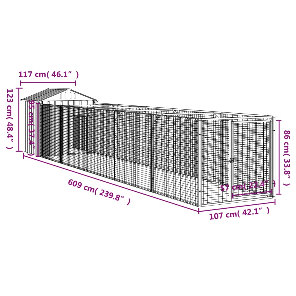 vidaXL Dog House with Roof Light Grey 117x609x123 cm Galvanised Steel