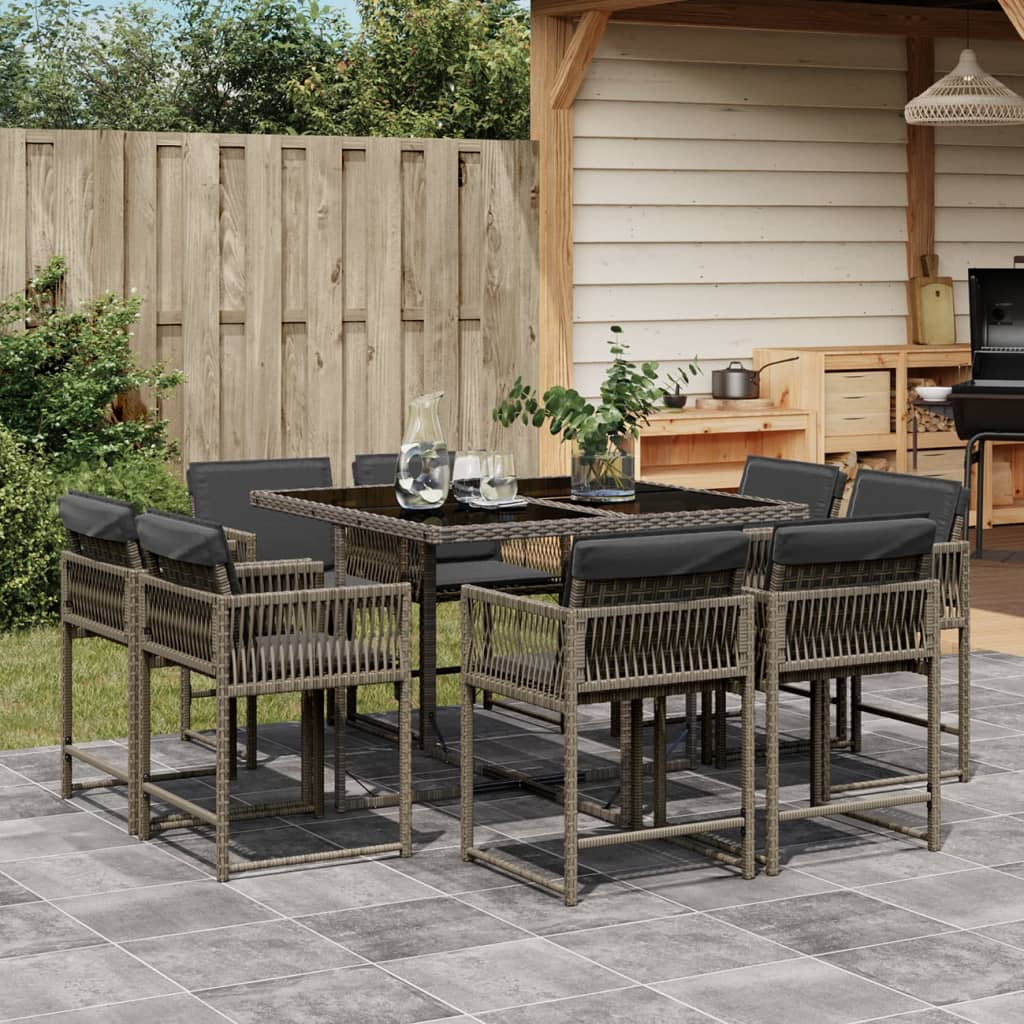 vidaXL 9 Piece Garden Dining Set with Cushions Grey Poly Rattan