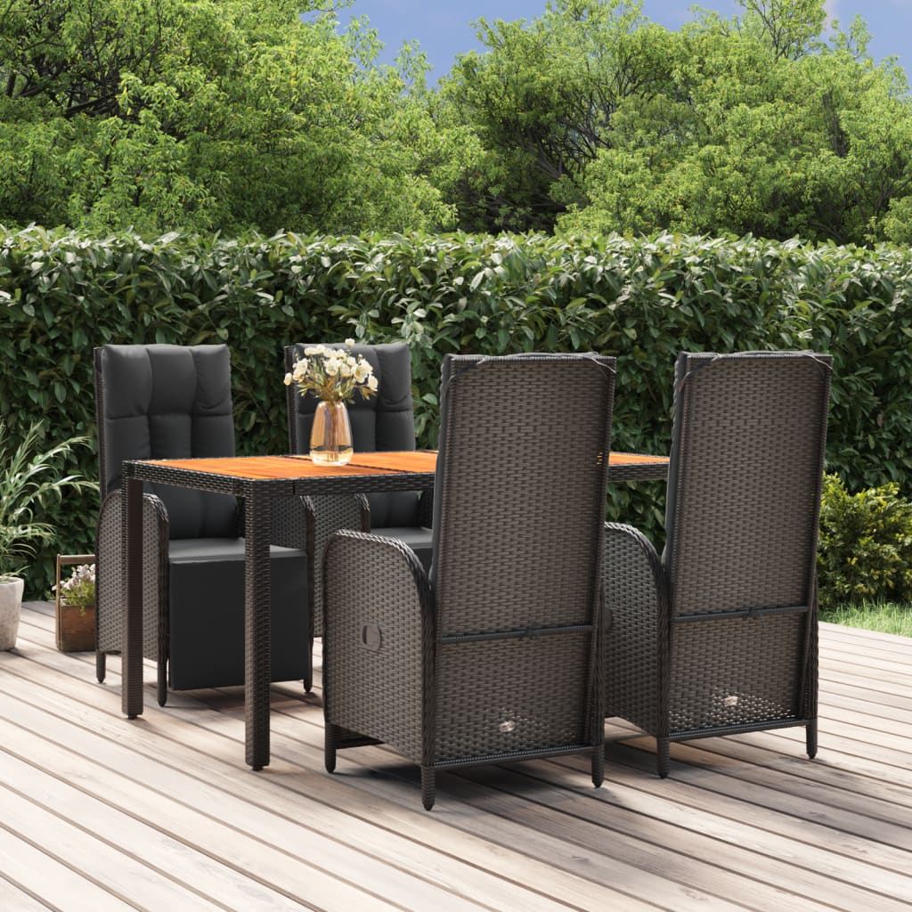 vidaXL 5 Piece Garden Dining Set with Cushions Black Poly Rattan