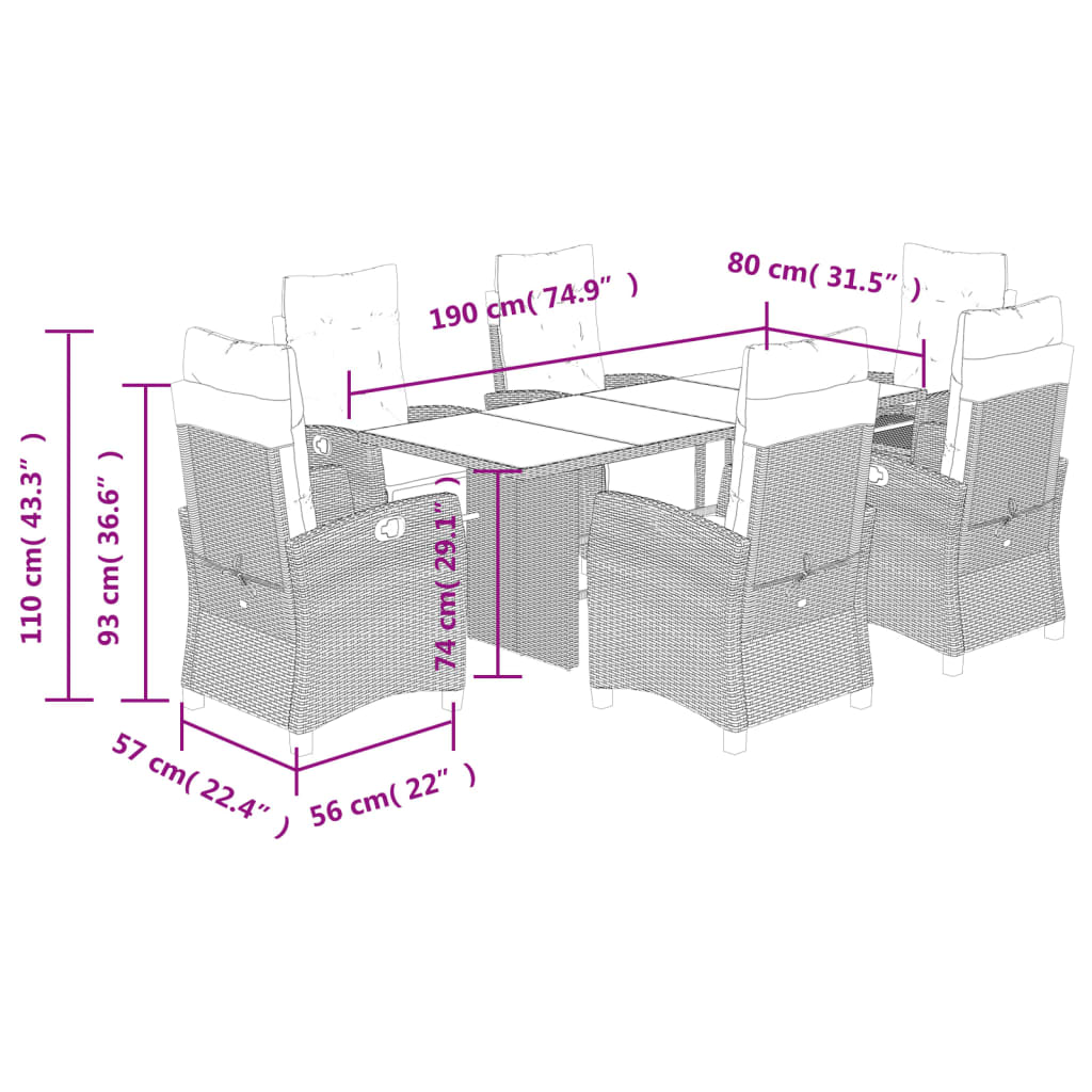 vidaXL 7 Piece Garden Dining Set with Cushions Grey Poly Rattan