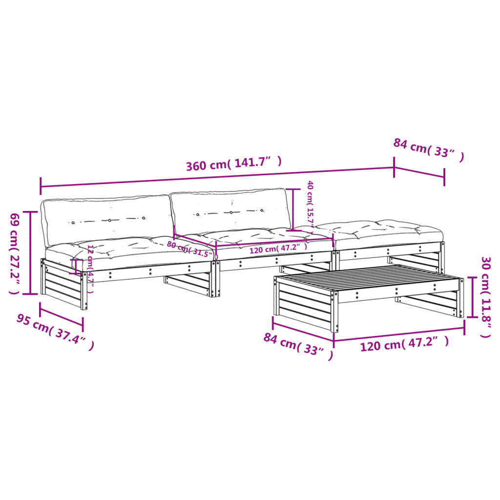 vidaXL 4 Piece Garden Lounge Set with Cushions Black Solid Wood