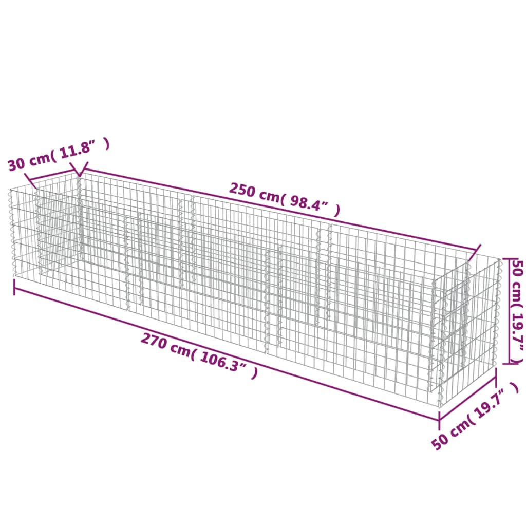 vidaXL Gabion Raised Bed Galvanised Steel 270x50x50 cm