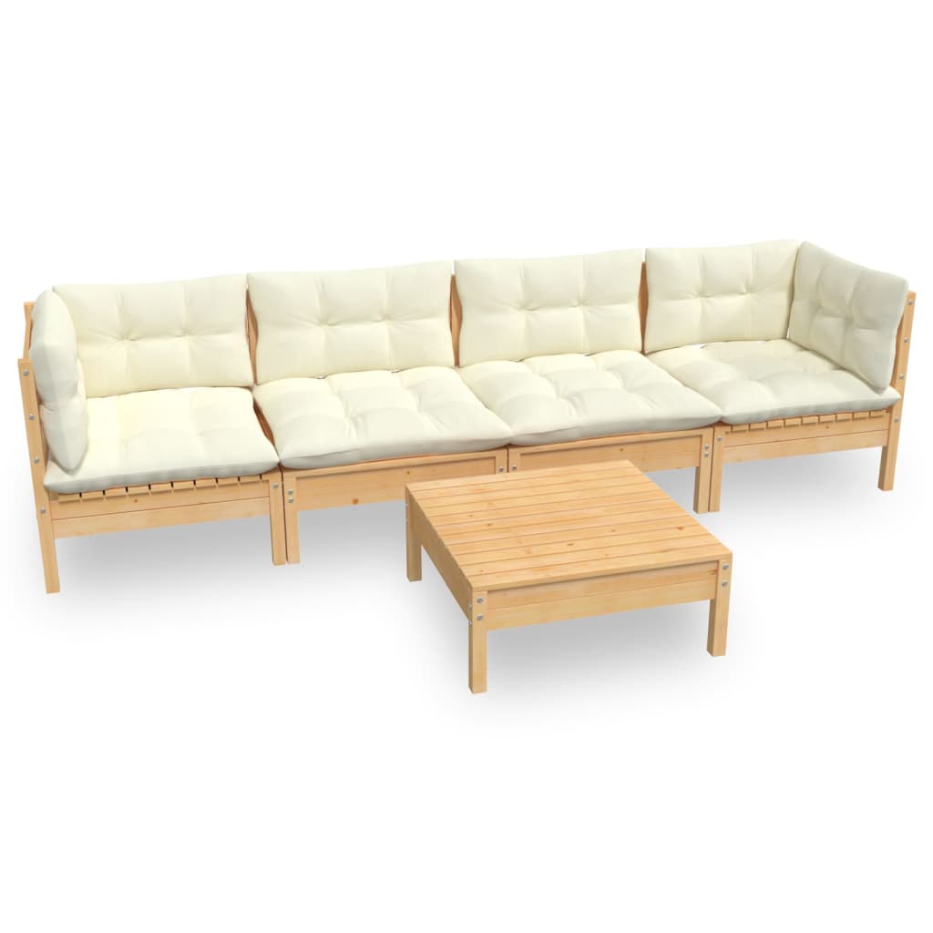 vidaXL 5 Piece Garden Lounge Set with Cream Cushions Solid Pinewood