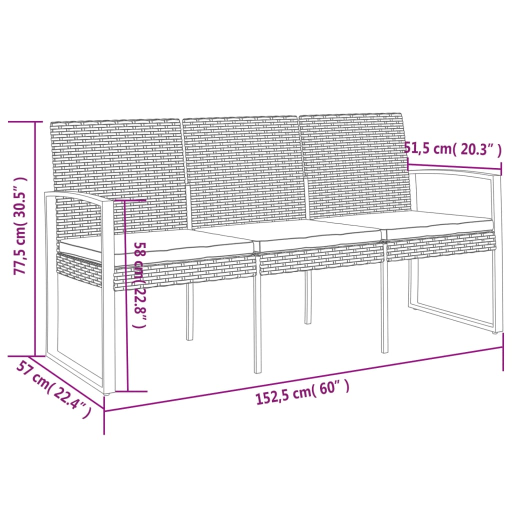 vidaXL 3-Seater Garden Bench with Cushions Dark Grey PP Rattan