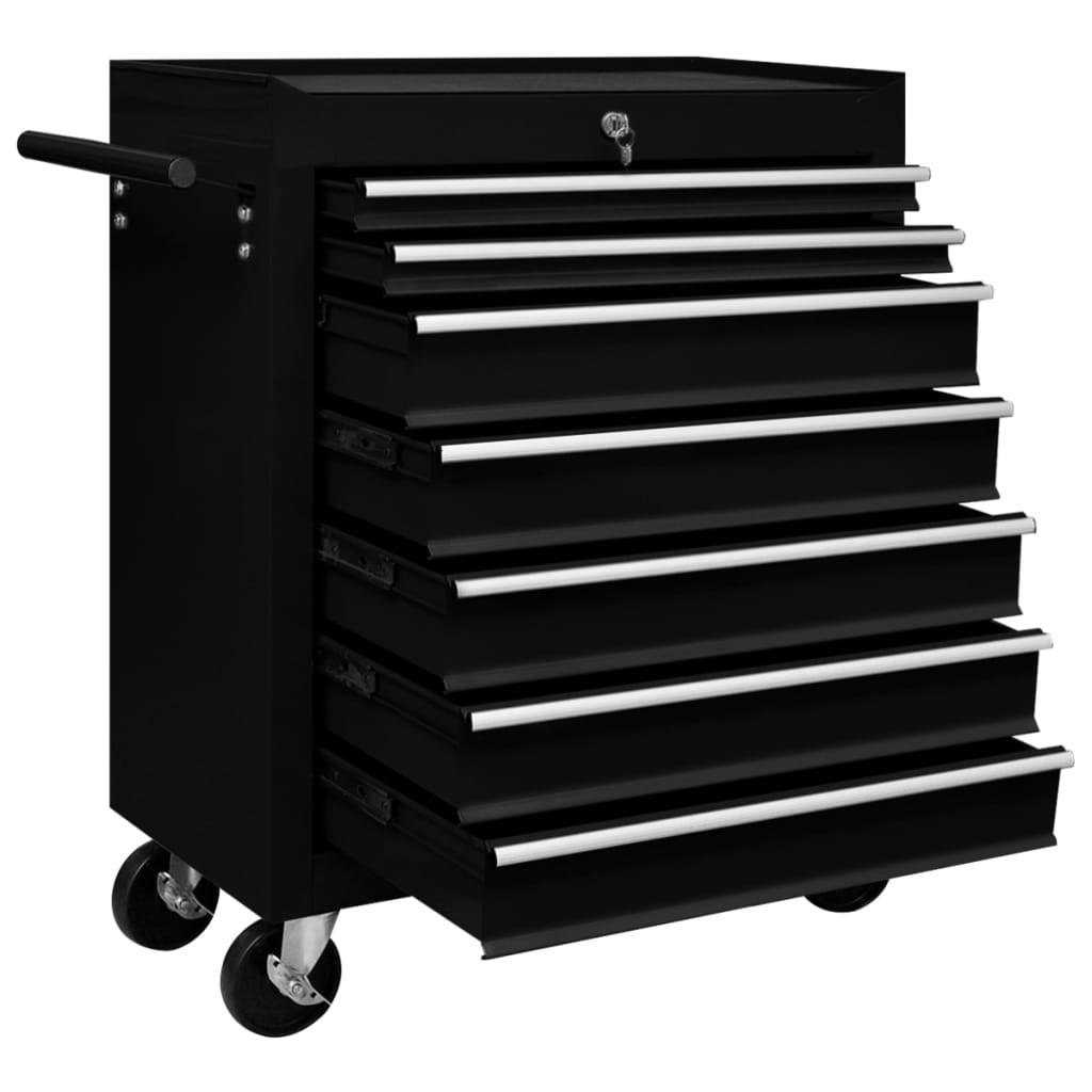 vidaXL Workshop Tool Trolley with 7 Drawers Black