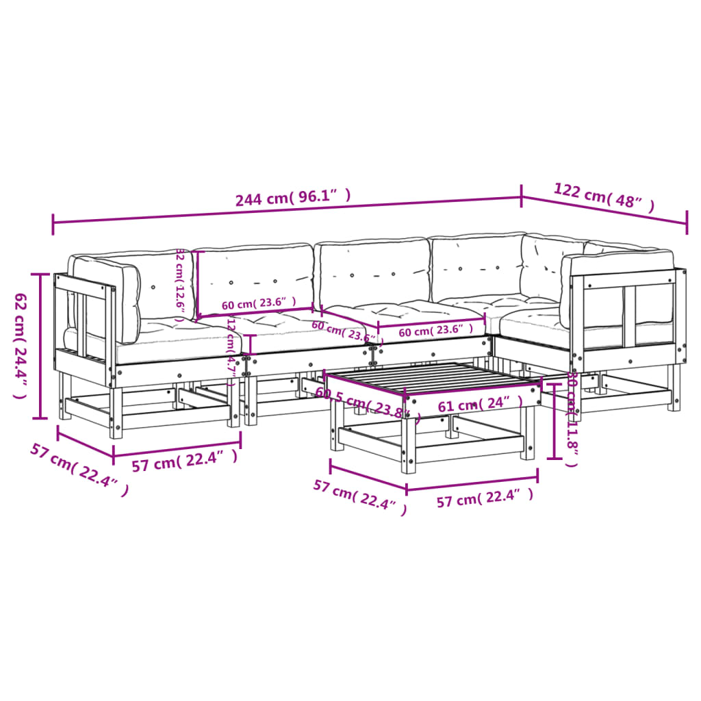 vidaXL 6 Piece Garden Lounge Set with Cushions Black Solid Wood