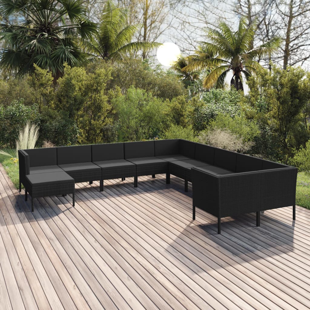 vidaXL 11 Piece Garden Lounge Set with Cushions Poly Rattan Black