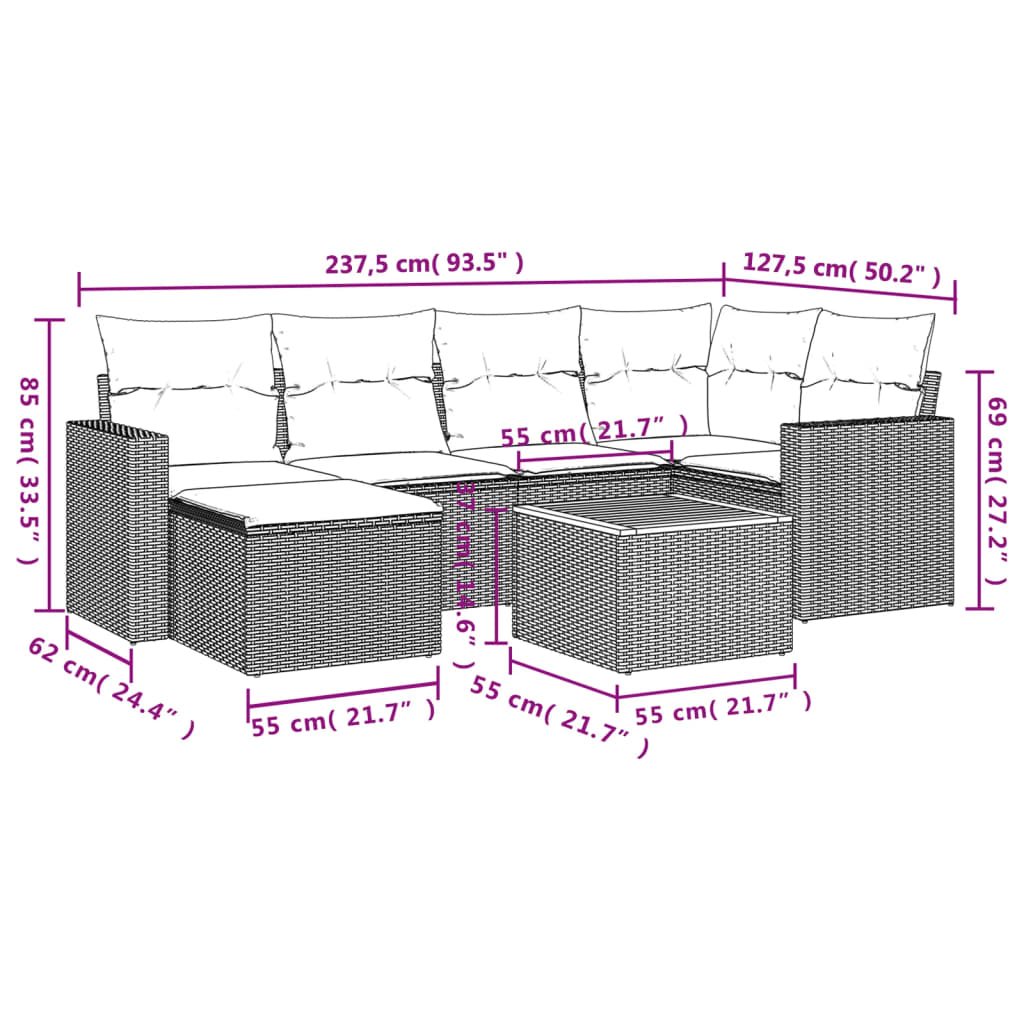 vidaXL 7 Piece Garden Sofa Set with Cushions Grey Poly Rattan