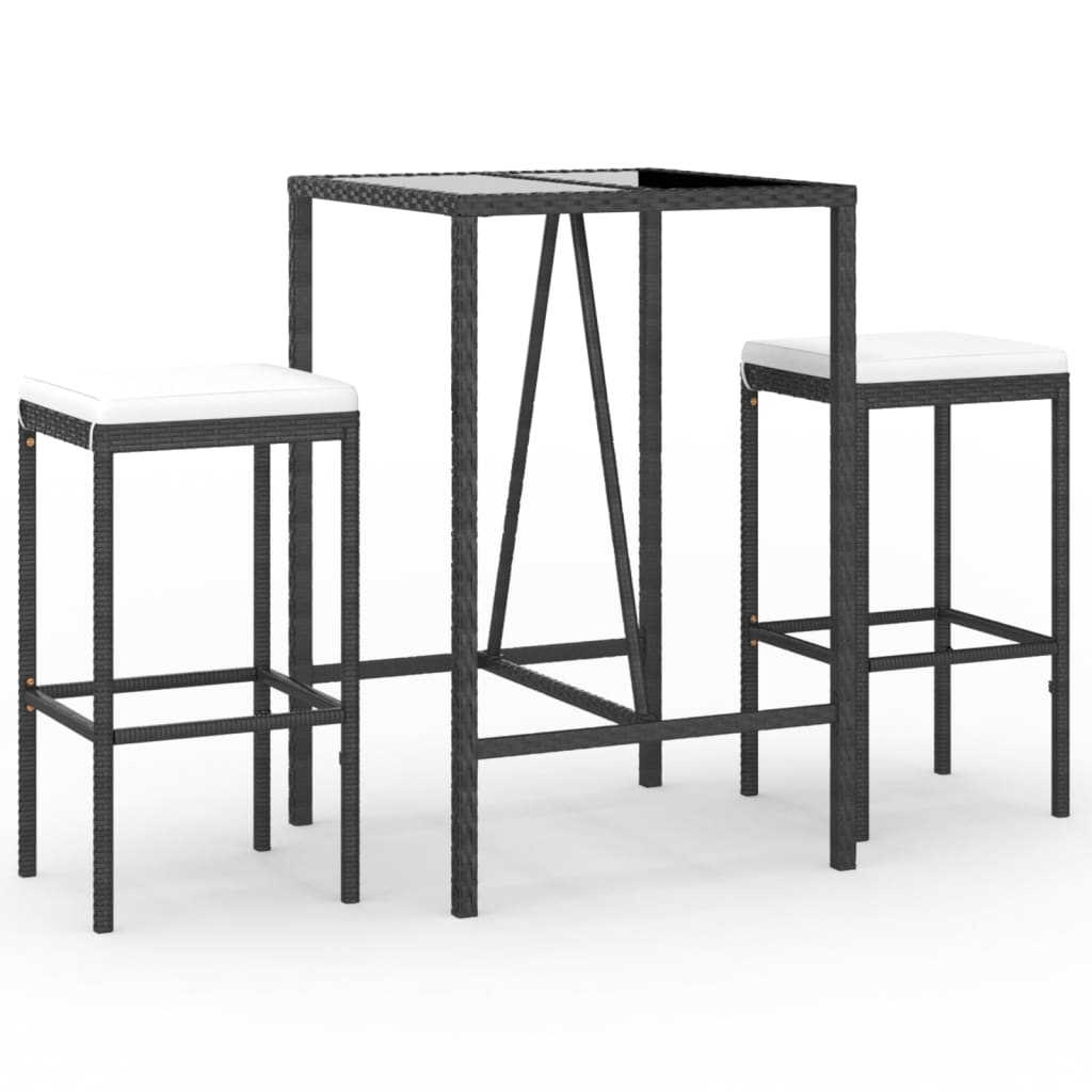 vidaXL 3 Piece Garden Bar Set with Cushions Black Poly Rattan