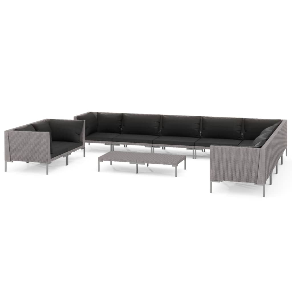 vidaXL 11 Piece Garden Lounge Set with Cushions Poly Rattan Dark Grey