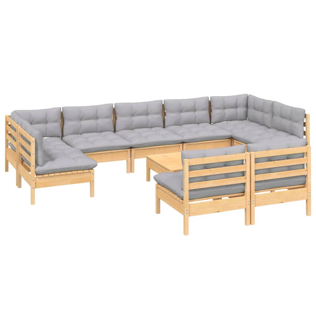 vidaXL 10 Piece Garden Lounge Set with Grey Cushions Solid Pinewood