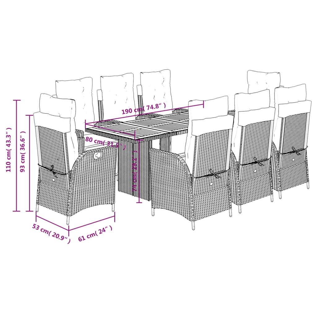 vidaXL 9 Piece Garden Dining Set with Cushions Black Poly Rattan