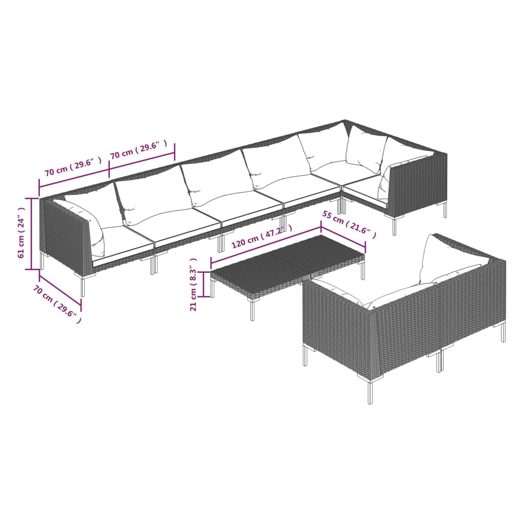 vidaXL 9 Piece Garden Lounge Set with Cushions Poly Rattan Dark Grey