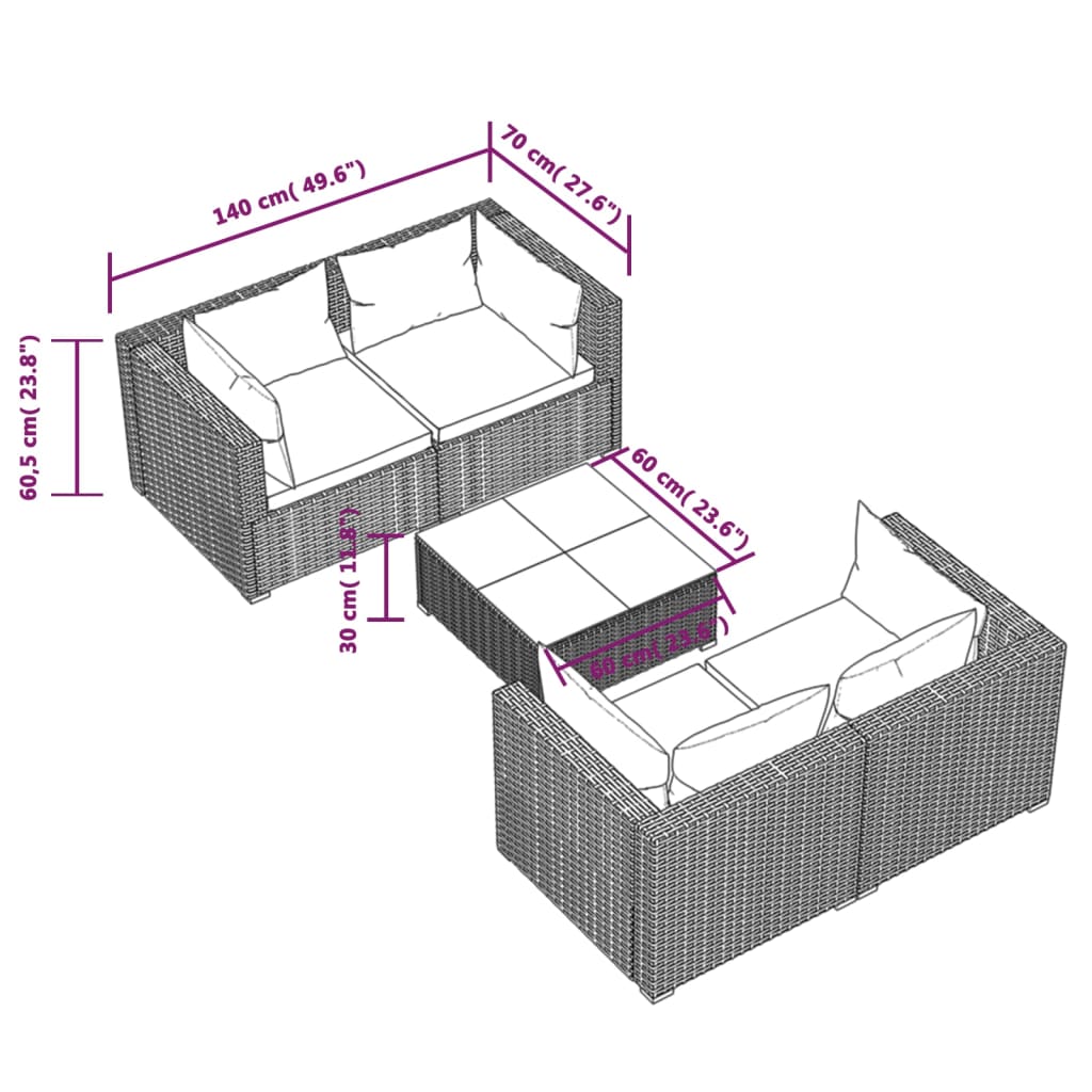 vidaXL 5 Piece Garden Lounge Set with Cushions Poly Rattan Grey