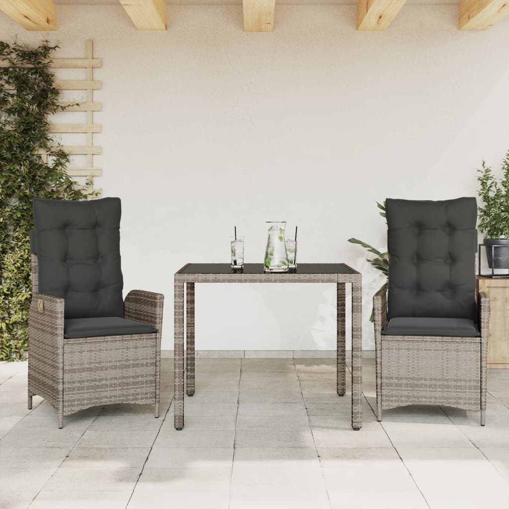 vidaXL 3 Piece Garden Dining Set with Cushions Grey Poly Rattan