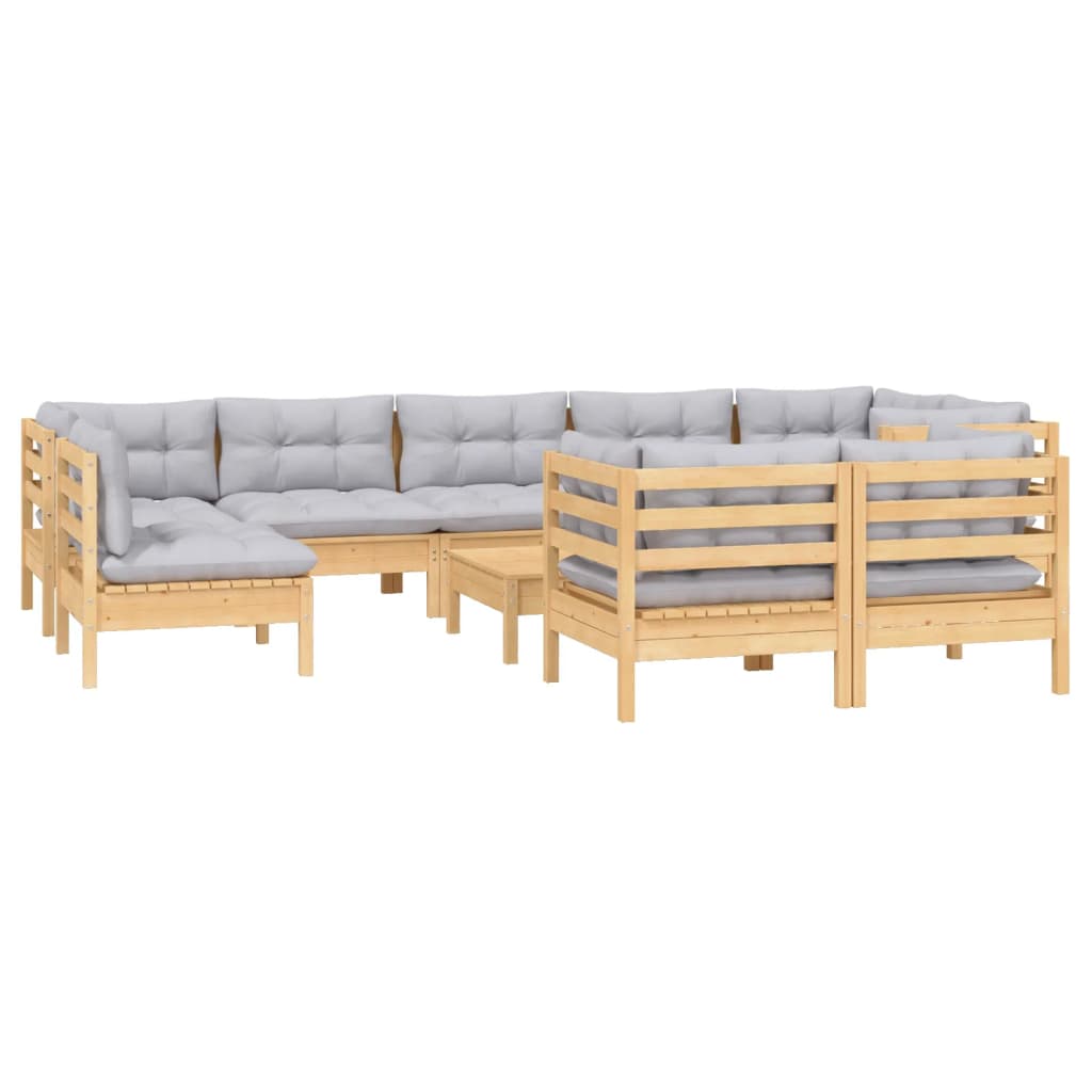 vidaXL 10 Piece Garden Lounge Set with Grey Cushions Solid Pinewood