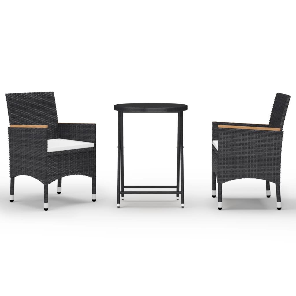 vidaXL 3 Piece Garden Bistro Set Poly Rattan and Tempered Glass Black