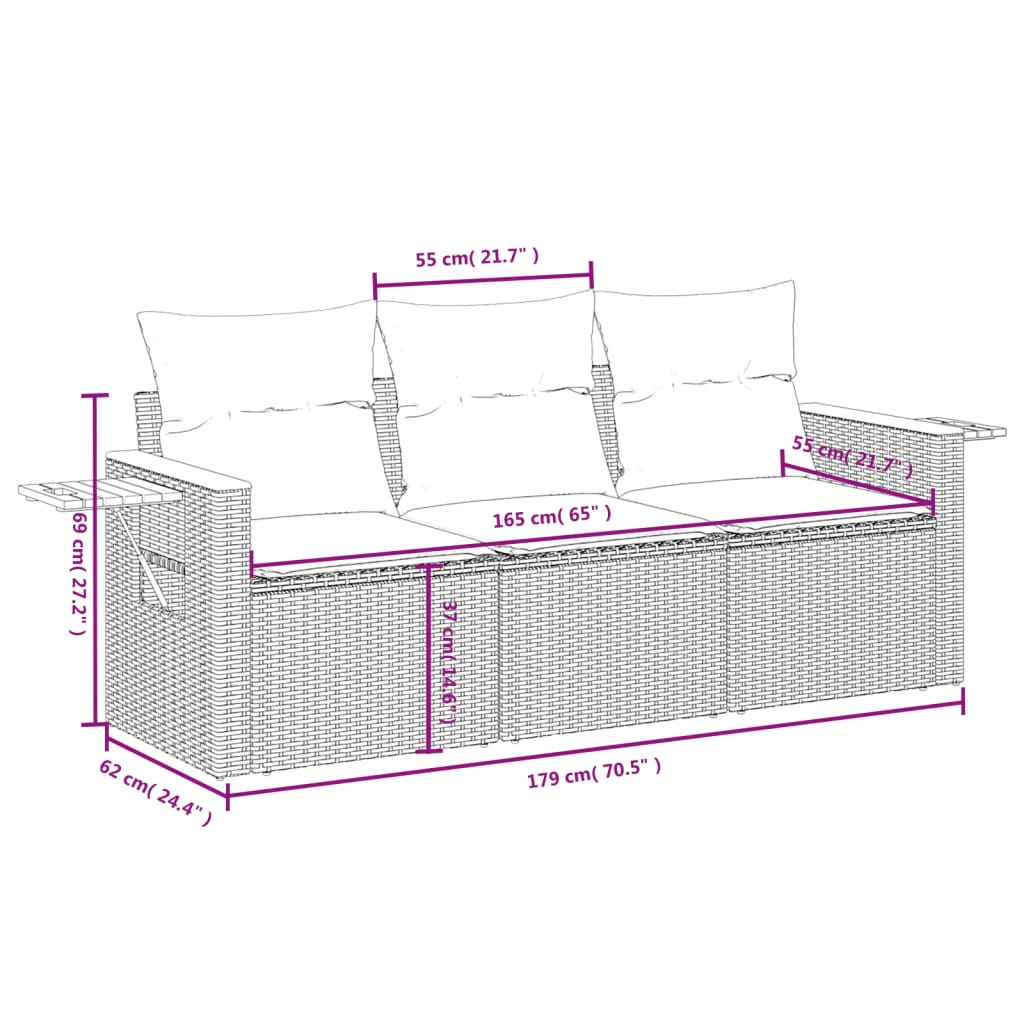 vidaXL 3 Piece Garden Sofa Set with Cushions Black Poly Rattan