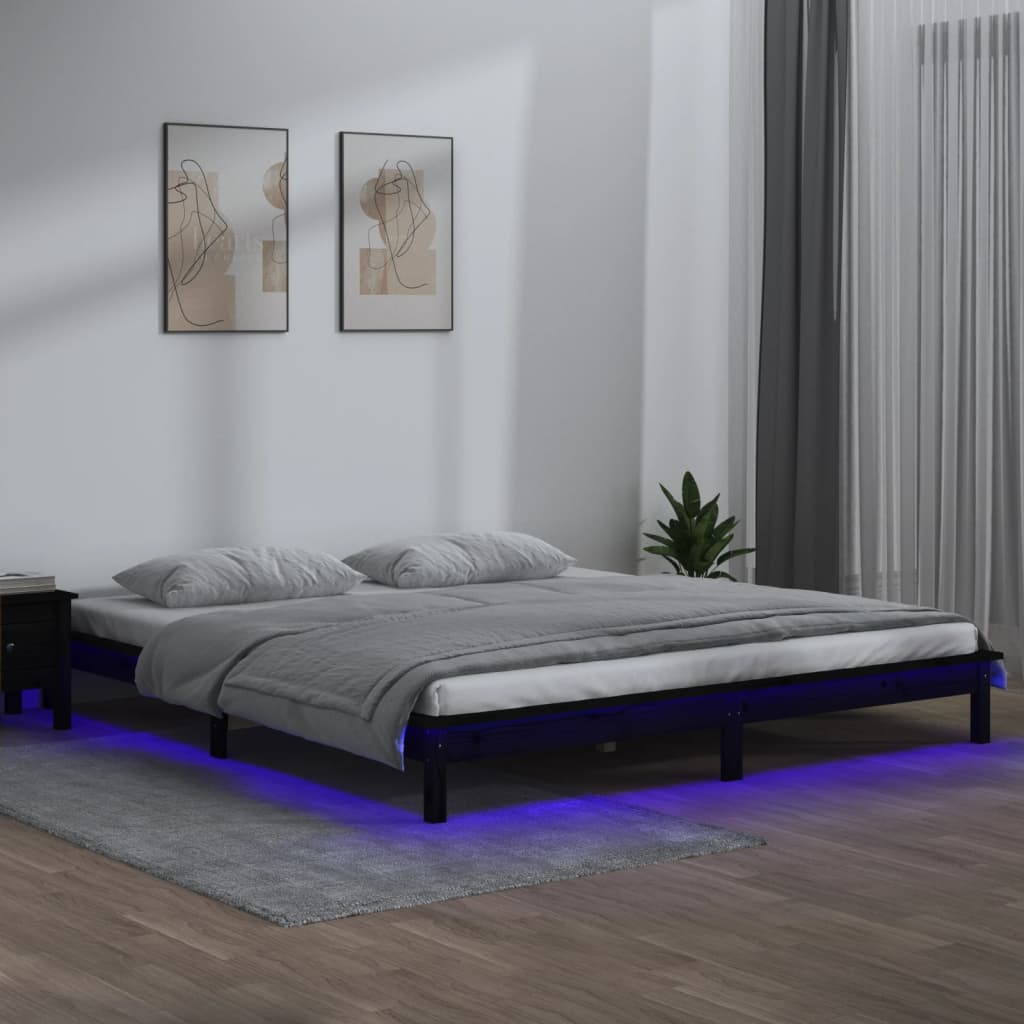 vidaXL LED Bed Frame without Mattress Black 135x190 cm Double Solid Wood