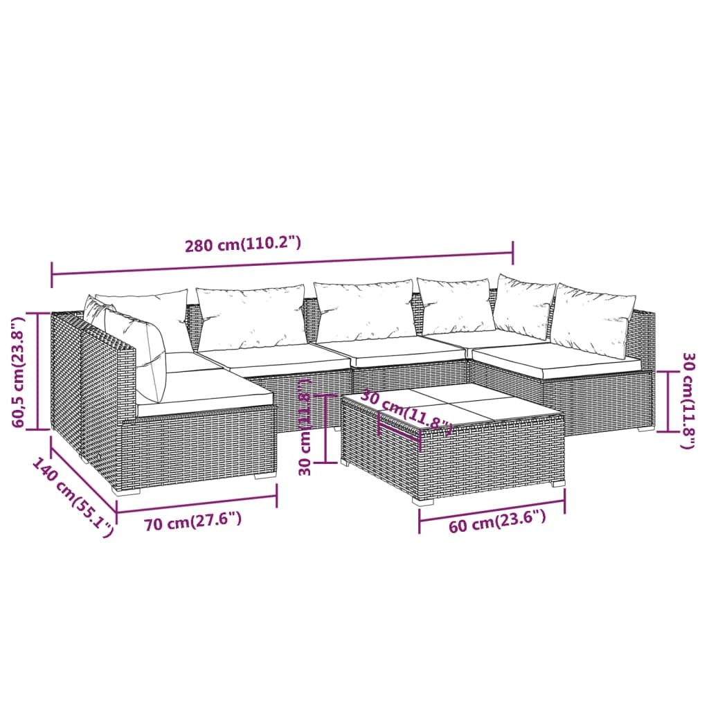 vidaXL 7 Piece Garden Lounge Set with Cushions Poly Rattan Brown