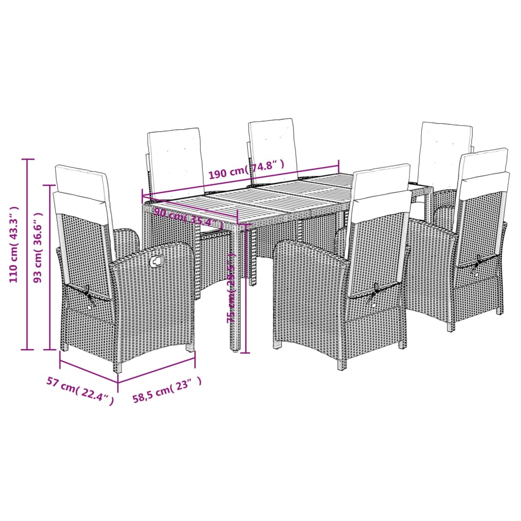 vidaXL 7 Piece Garden Dining Set with Cushions Grey Poly Rattan