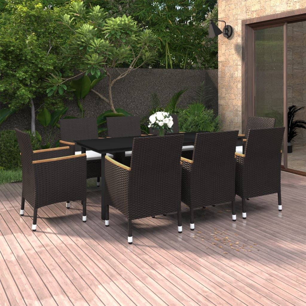 vidaXL 9 Piece Garden Dining Set with Cushions Poly Rattan and Glass