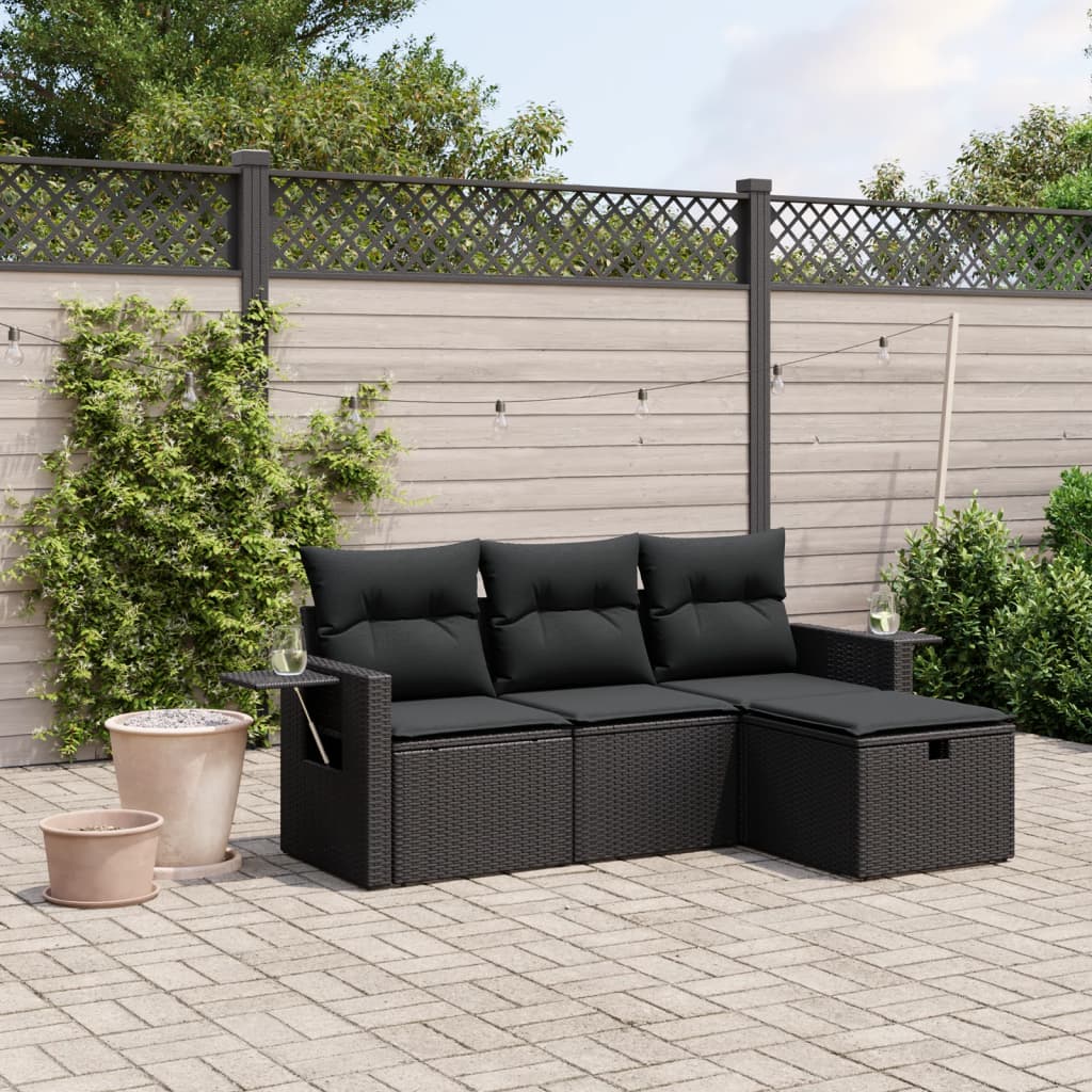 vidaXL 4 Piece Garden Sofa Set with Cushions Black Poly Rattan