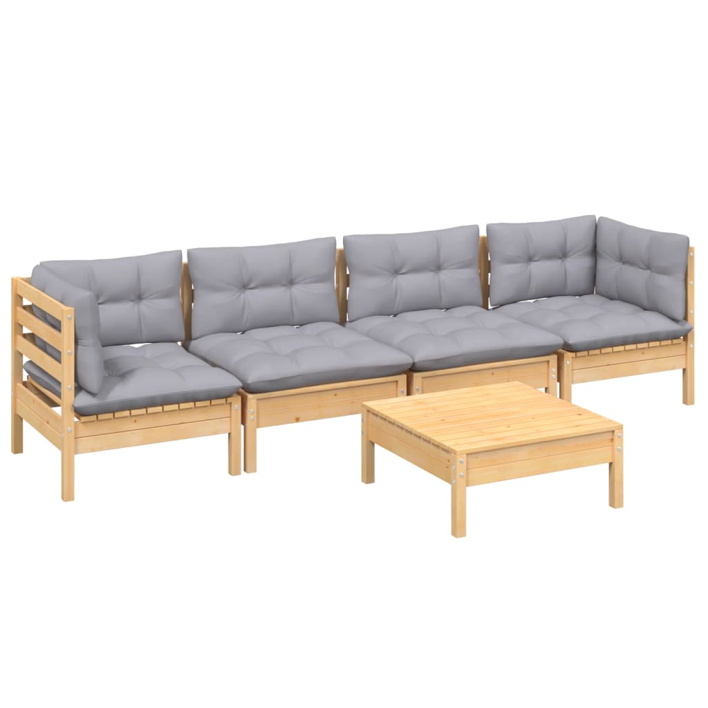 vidaXL 5 Piece Garden Lounge Set with Grey Cushions Solid Pinewood