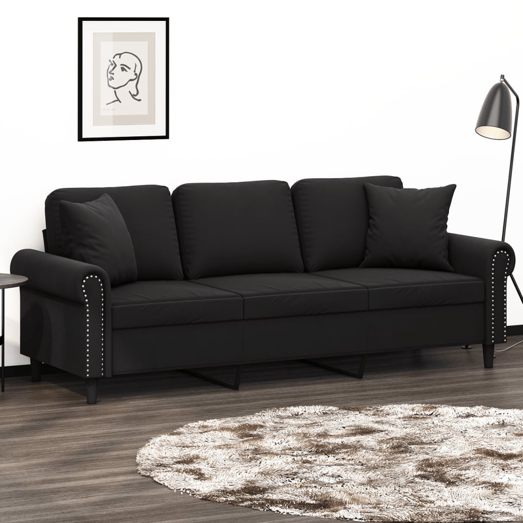 vidaXL 3-Seater Sofa with Throw Pillows Black 180 cm Velvet