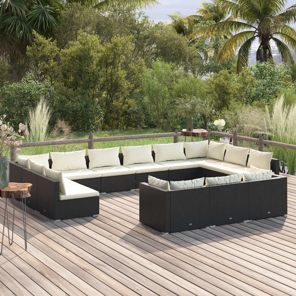 vidaXL 13 Piece Garden Lounge Set with Cushions Black Poly Rattan