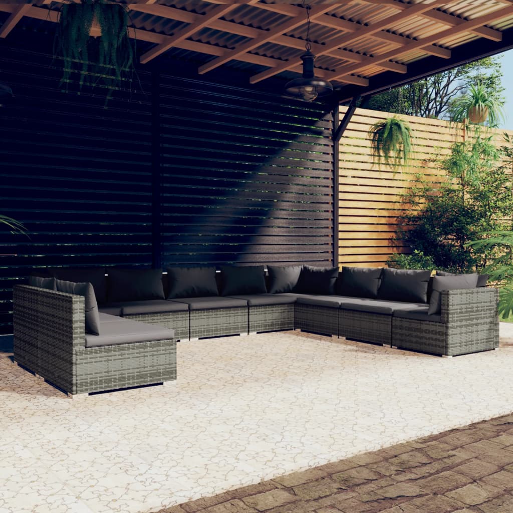 vidaXL 10 Piece Garden Lounge Set with Cushions Grey Poly Rattan