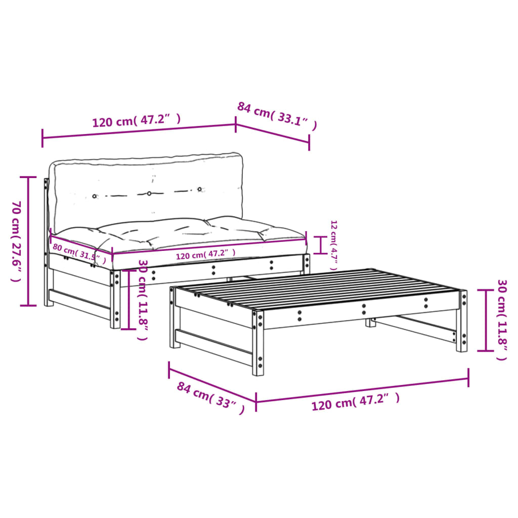 vidaXL 2 Piece Garden Lounge Set with Cushions Solid Wood Douglas