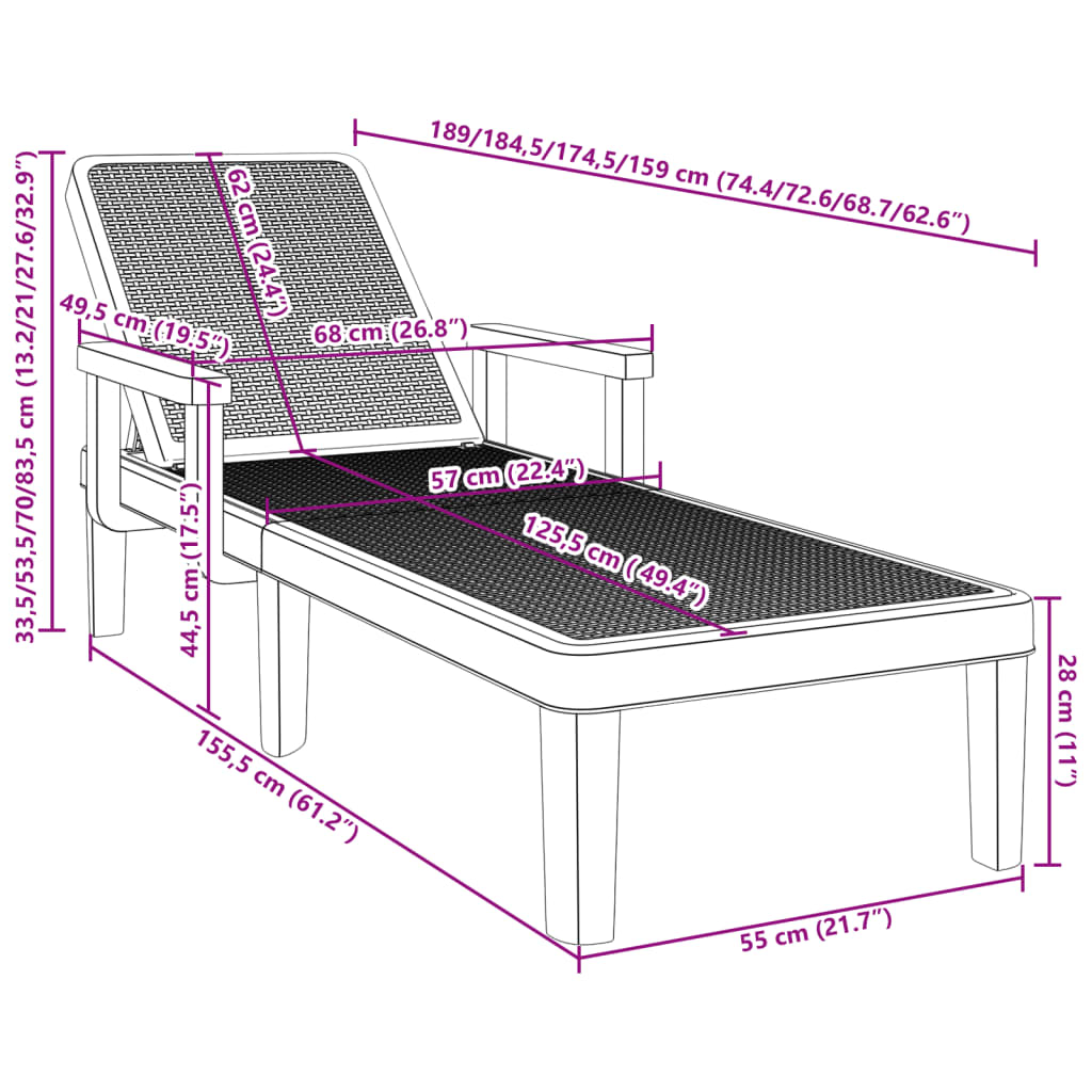 vidaXL 4-Way Height Adjustable Sun Lounger 155.5x57x28 cm Polypropylene