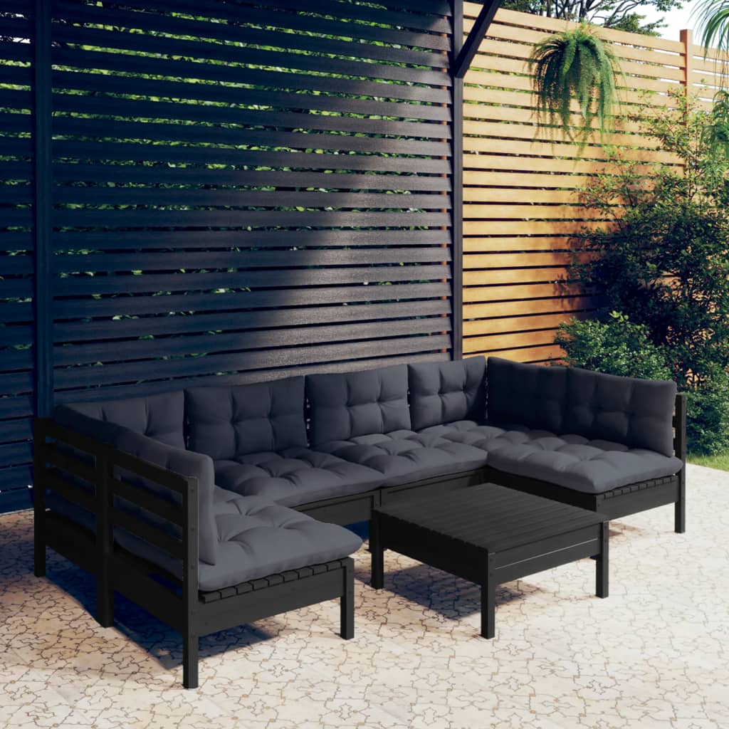 vidaXL 7 Piece Garden Lounge Set with Cushions Black Solid Pinewood