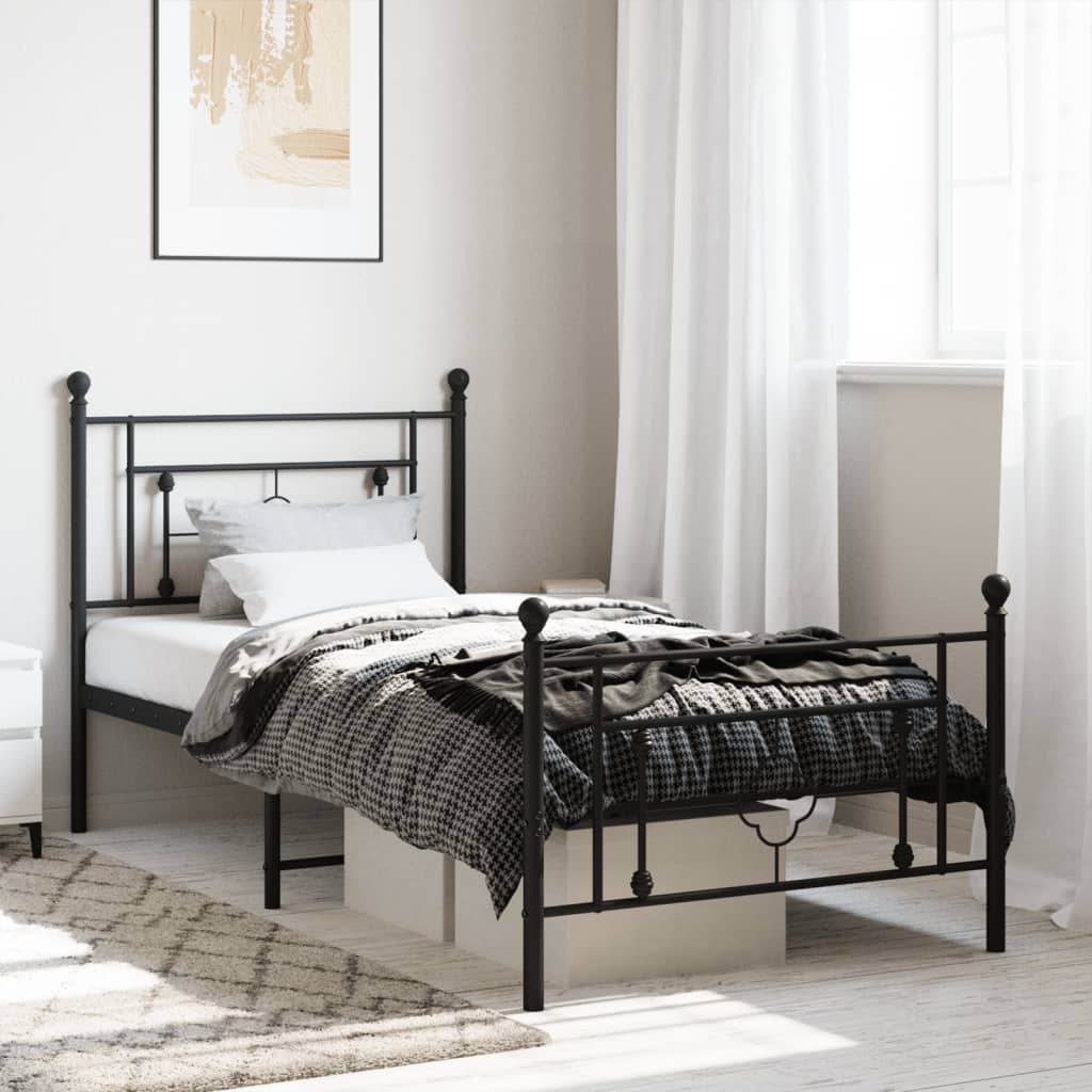 vidaXL Metal Bed Frame without Mattress with Footboard Black 90x190 cm Single