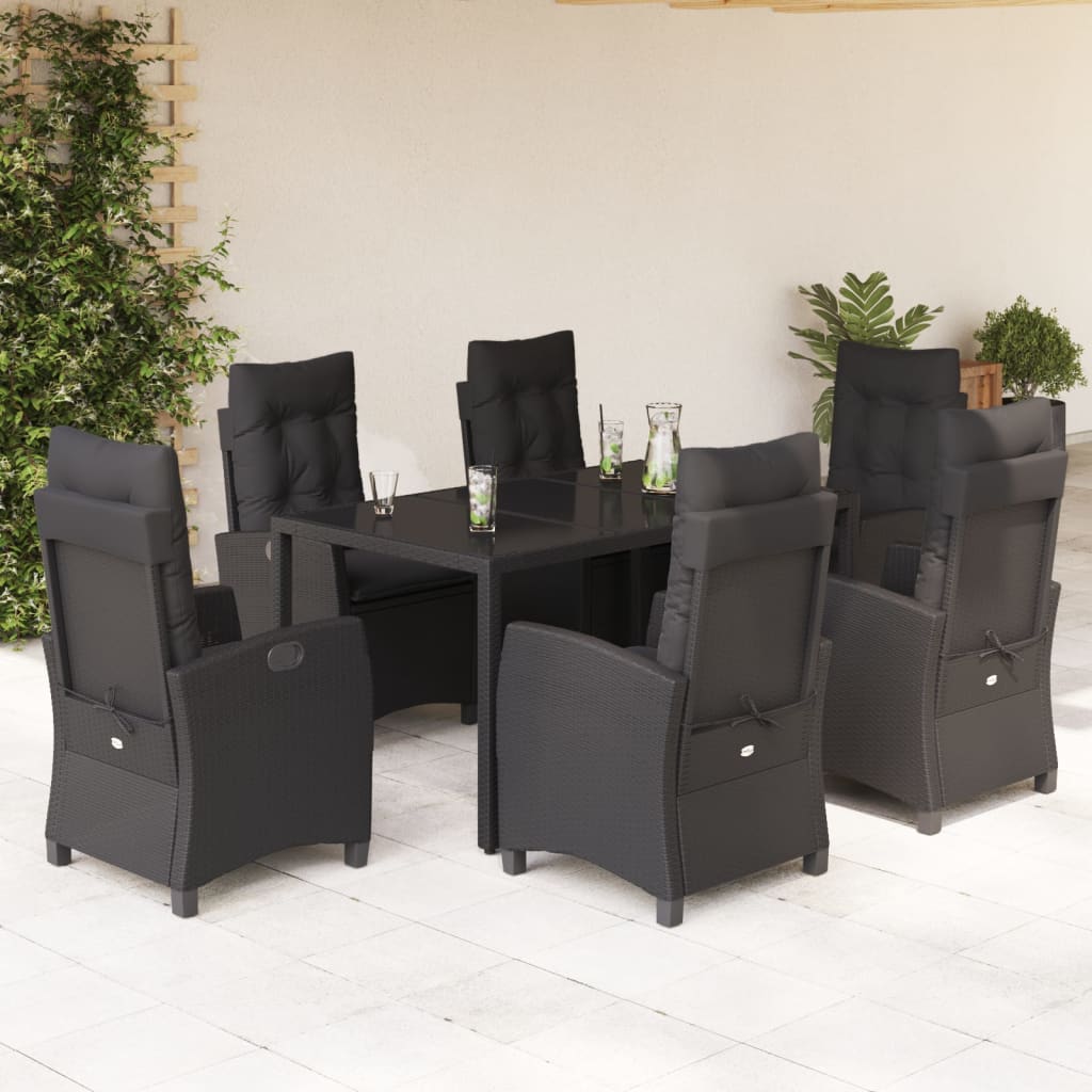 vidaXL 7 Piece Garden Dining Set with Cushions Black Poly Rattan