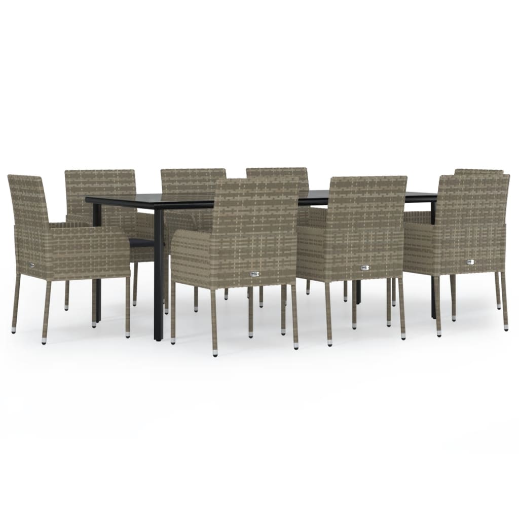 vidaXL 9 Piece Garden Dining Set with Cushions Black and Grey Poly Rattan