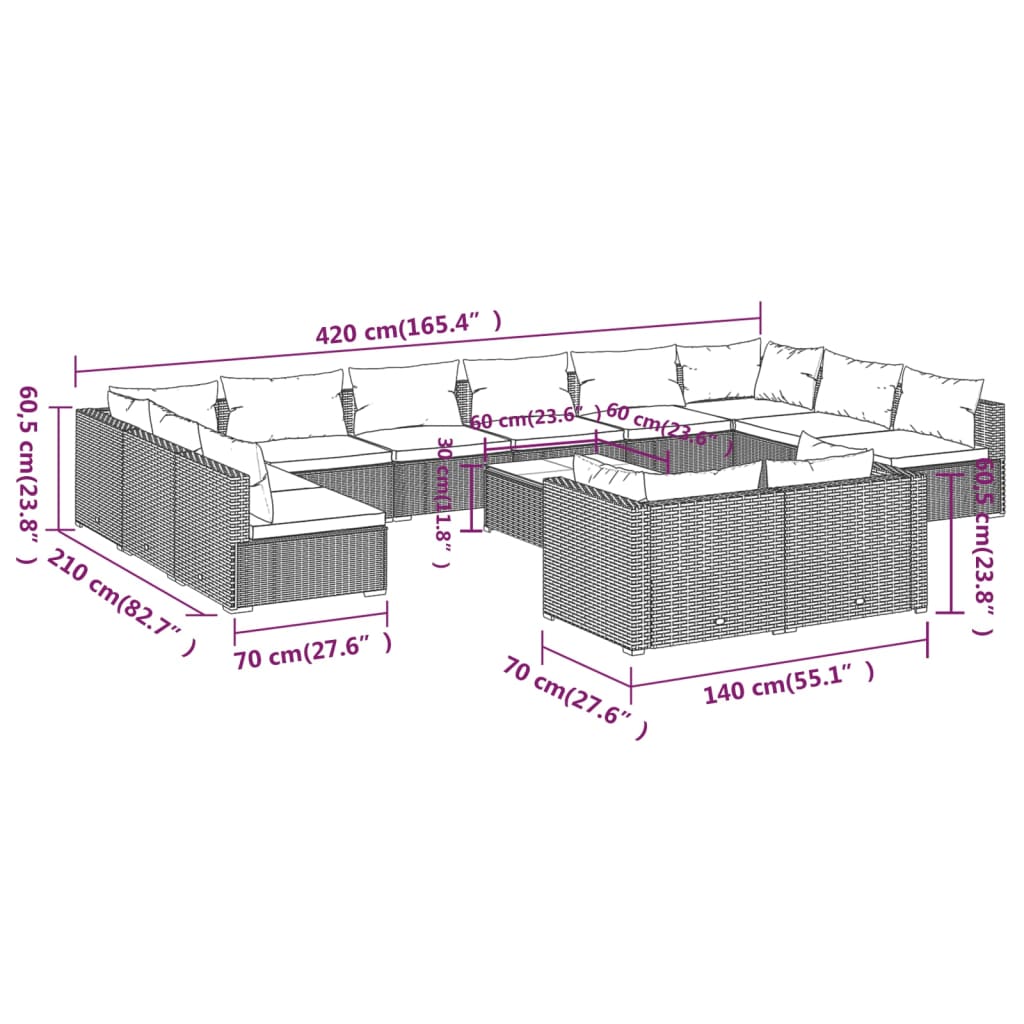 vidaXL 13 Piece Garden Lounge Set with Cushions Grey Poly Rattan