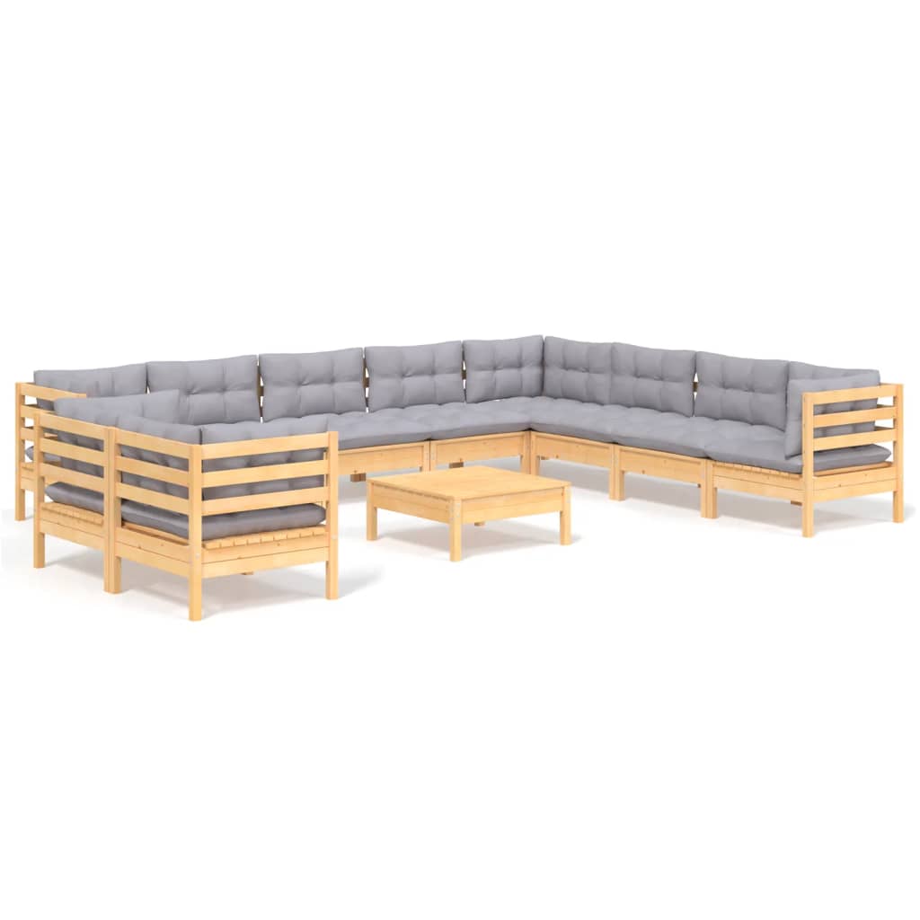 vidaXL 11 Piece Garden Lounge Set with Grey Cushions Solid Pinewood