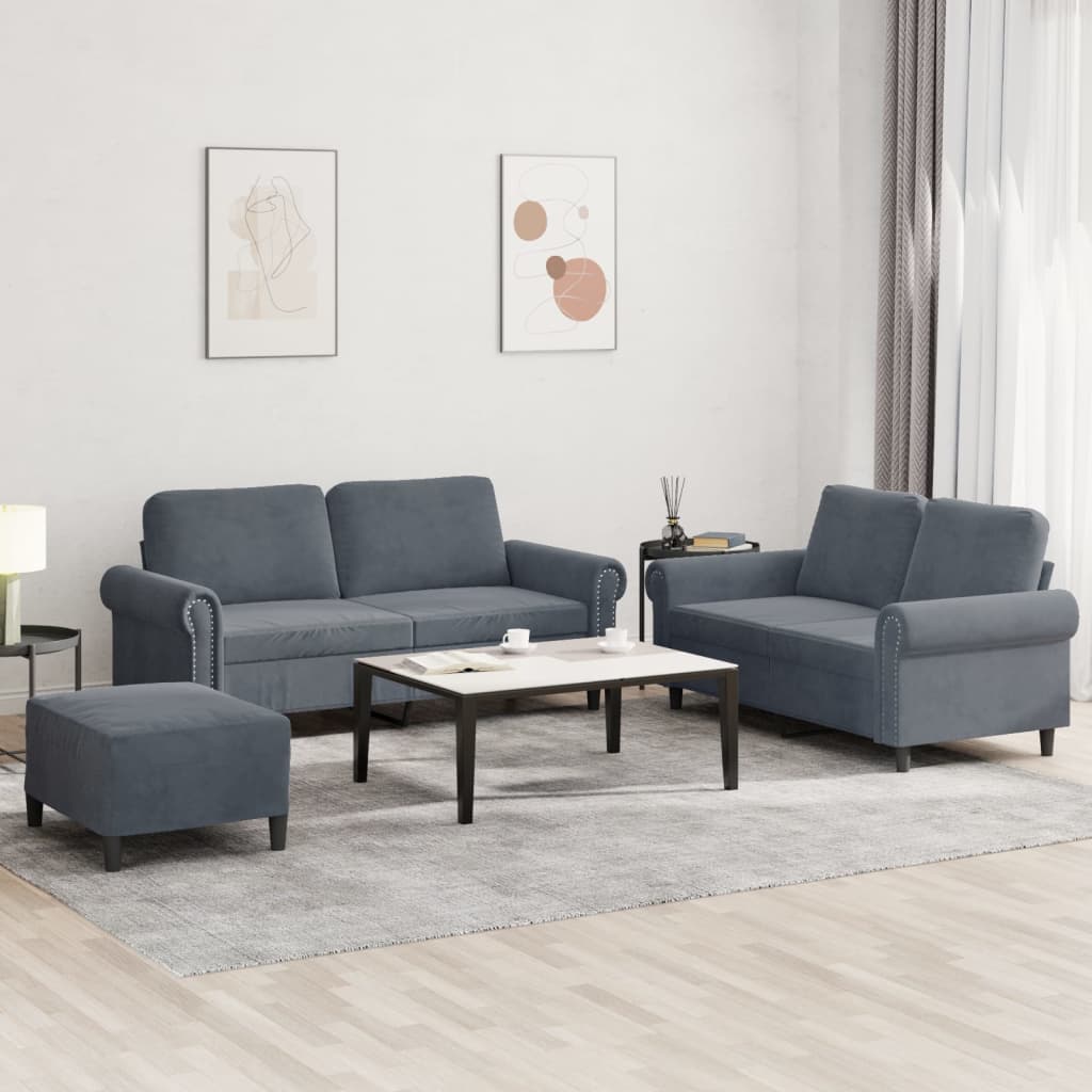 vidaXL 3 Piece Sofa Set with Cushions Dark Grey Velvet