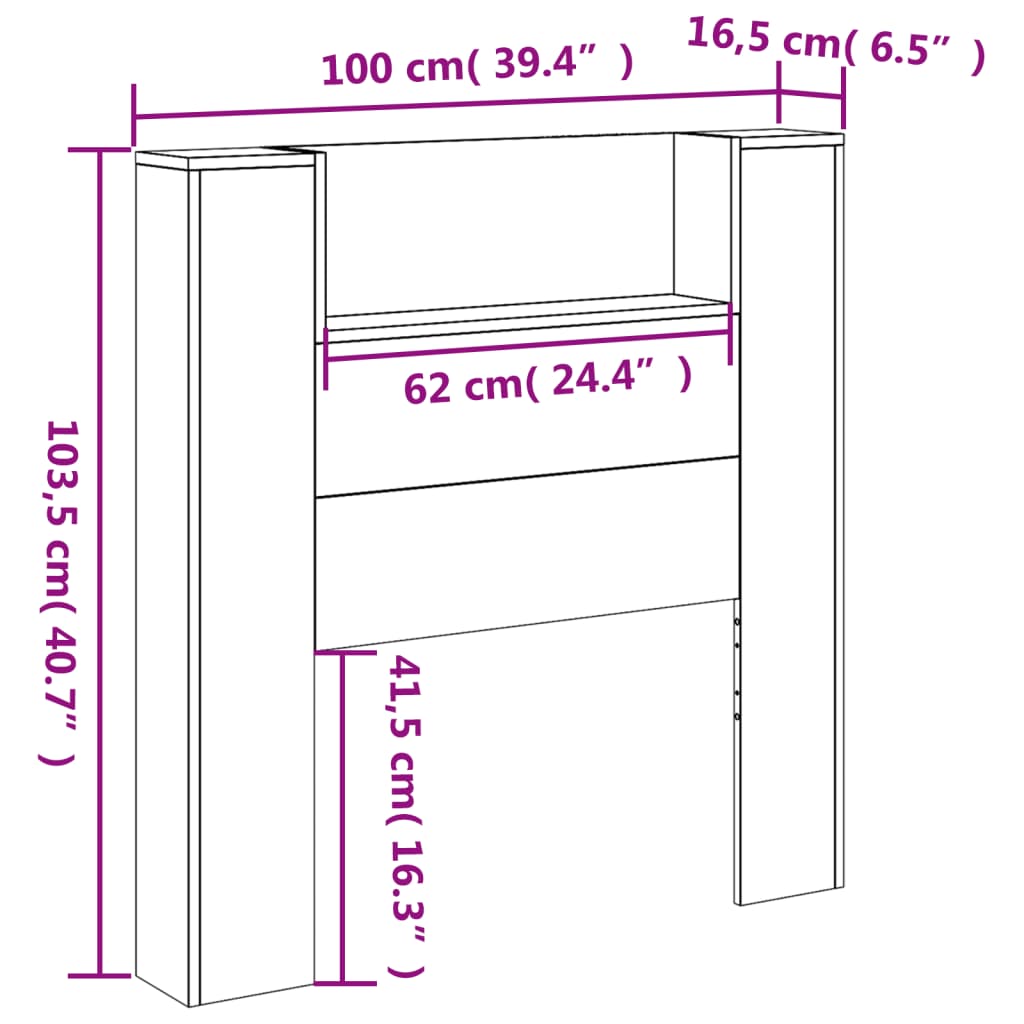 vidaXL Headboard Cabinet with LED Black 100x16.5x103.5 cm