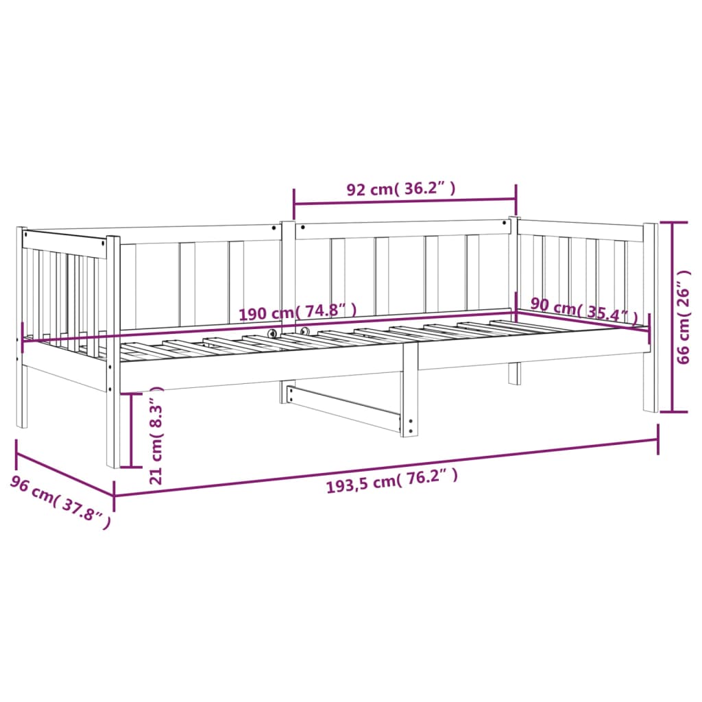 vidaXL Day Bed without Mattress Black 90x190 cm Single Solid Wood Pine