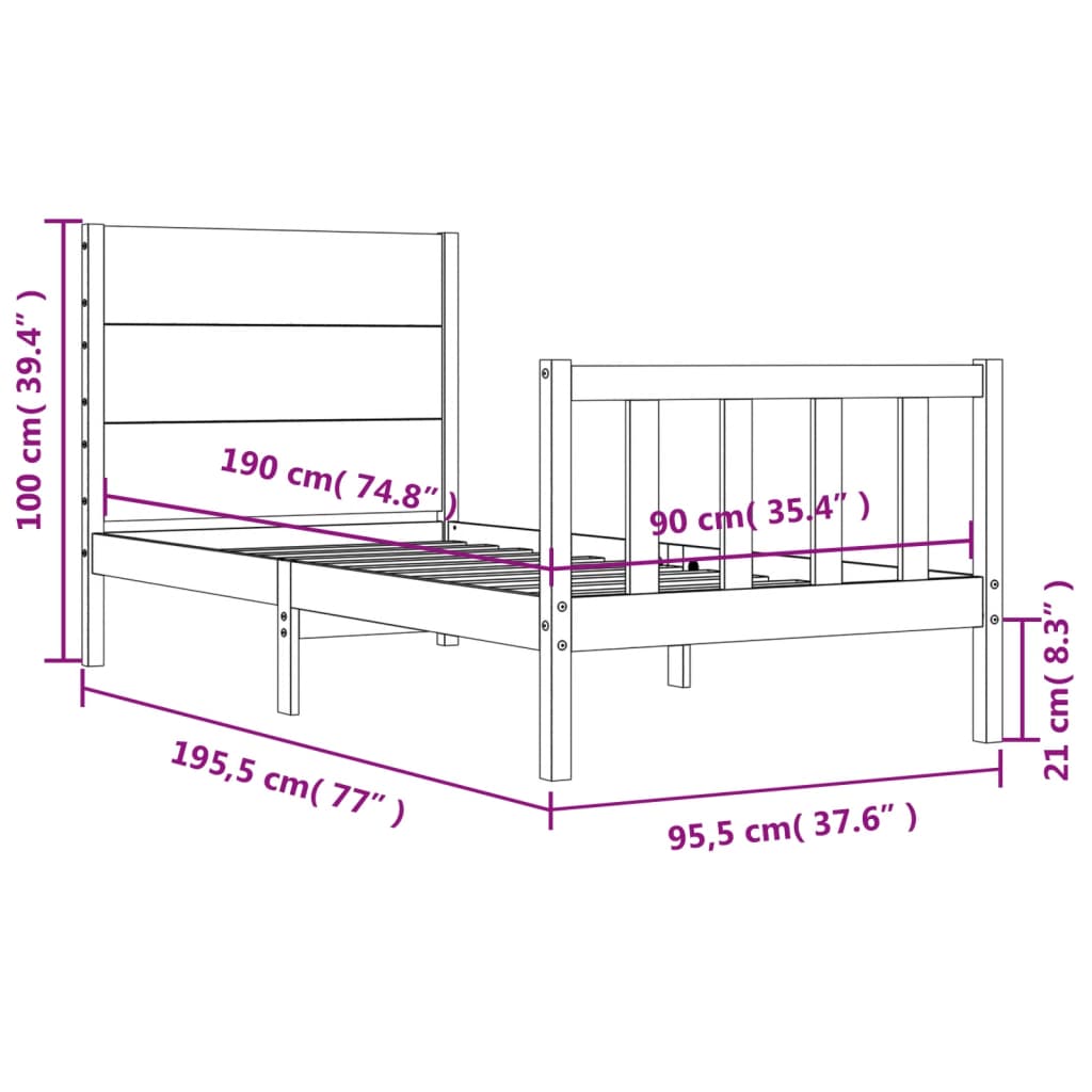 vidaXL Bed Frame without Mattress Black Single Solid Wood Pine