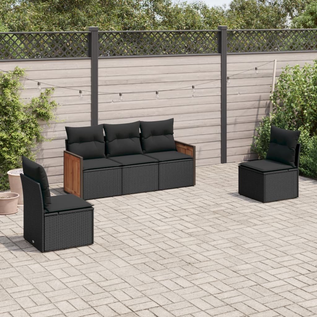 vidaXL 5 Piece Garden Sofa Set with Cushions Black Poly Rattan