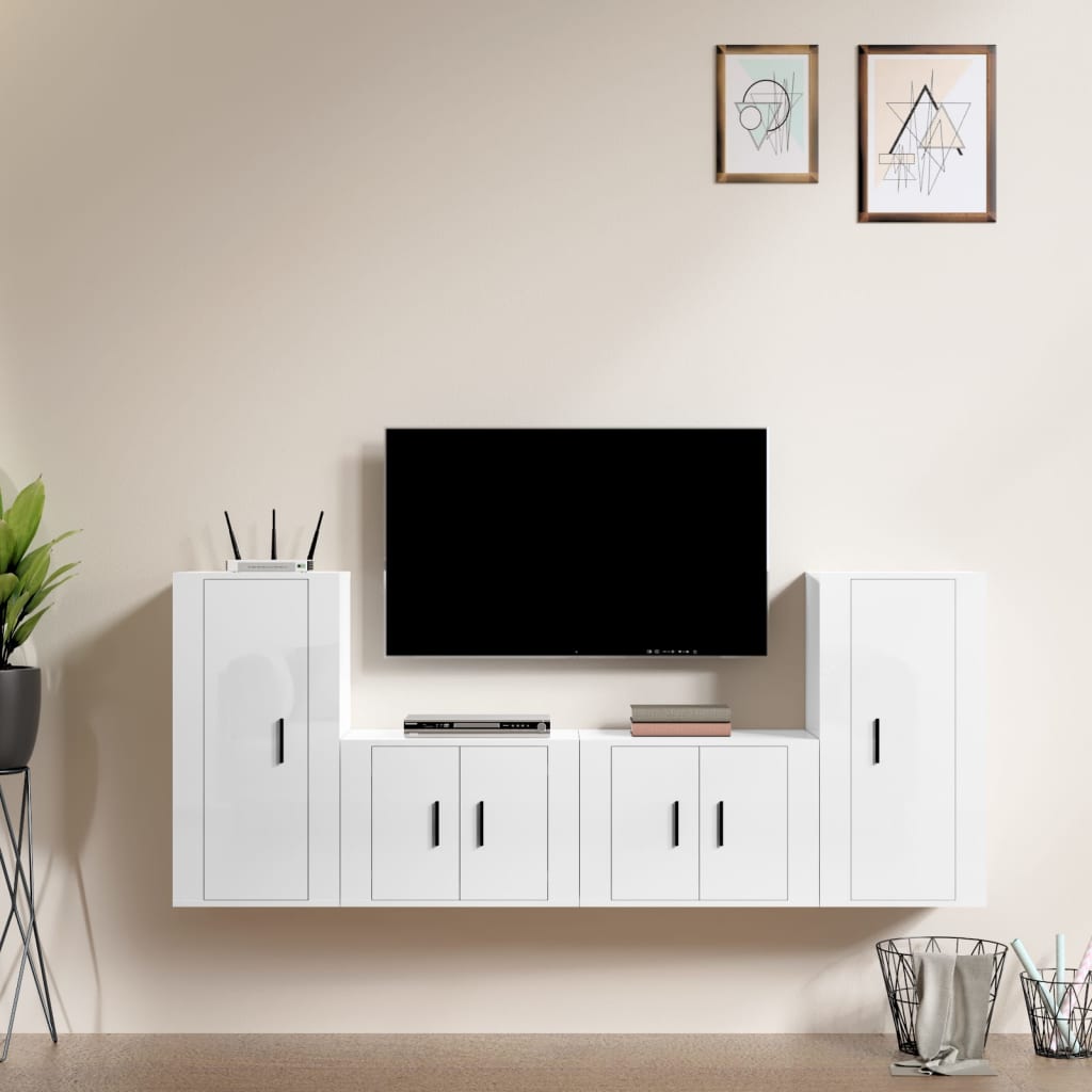 vidaXL 4 Piece TV Cabinet Set High Gloss White Engineered Wood